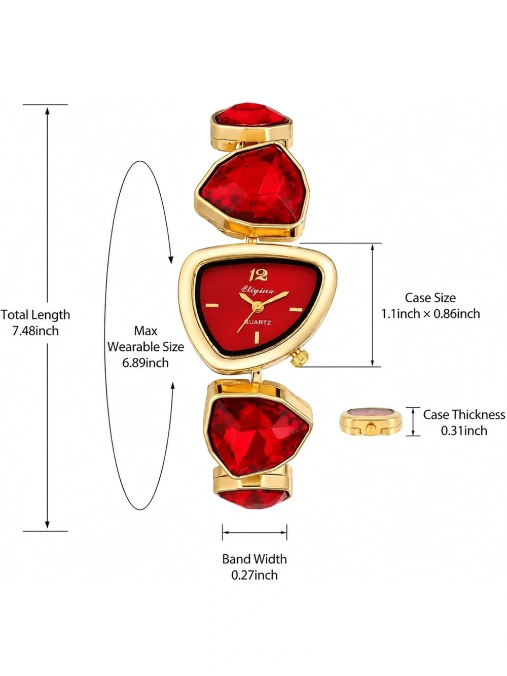 Gold Tone Red Crystal Bracelet Watch Women’s Statement Quartz Jewelry Watch